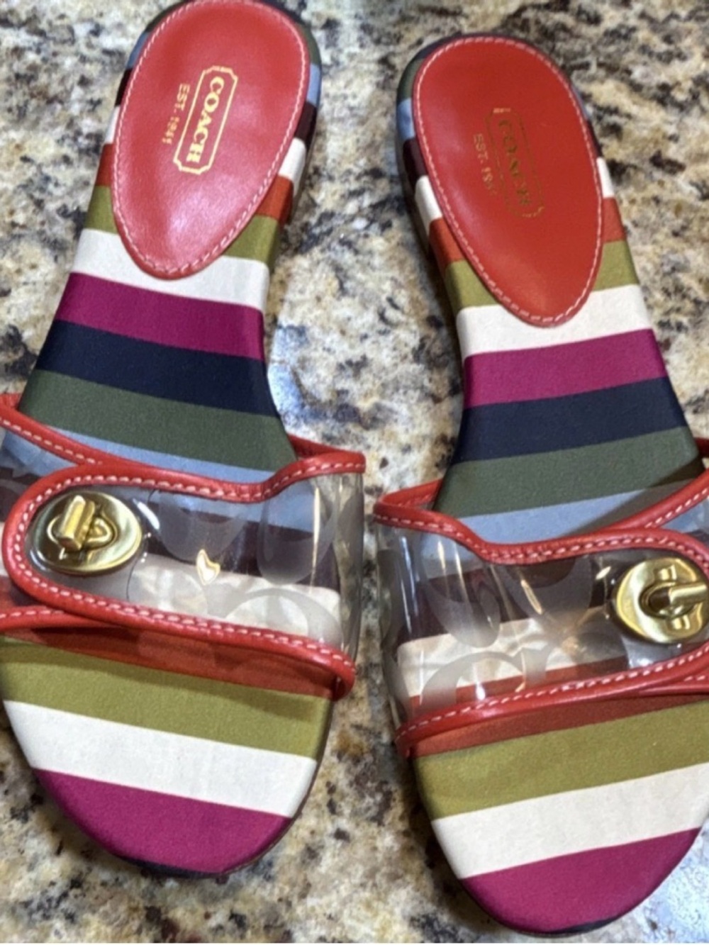 Coach Multicolor Striped Slide Sandals with Gold Turnlock - Picture 6 of 7